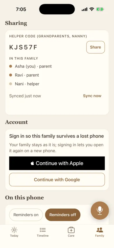 The Family tab: the helper code for grandparents or a nanny, and the family, with Asha and Ravi as parents and Nani as a helper.