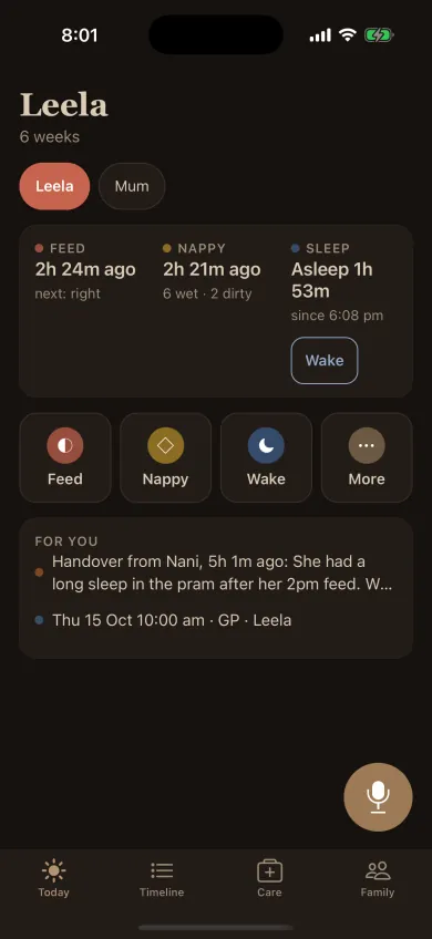Little Hours in night mode: the Today screen in dim, warm brown tones.