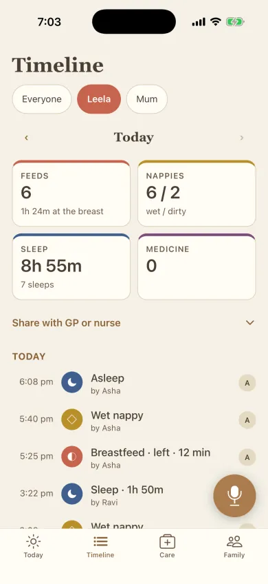 The Timeline: the day's summary of feeds, nappies and sleep, then each entry with who logged it, Asha or Ravi.