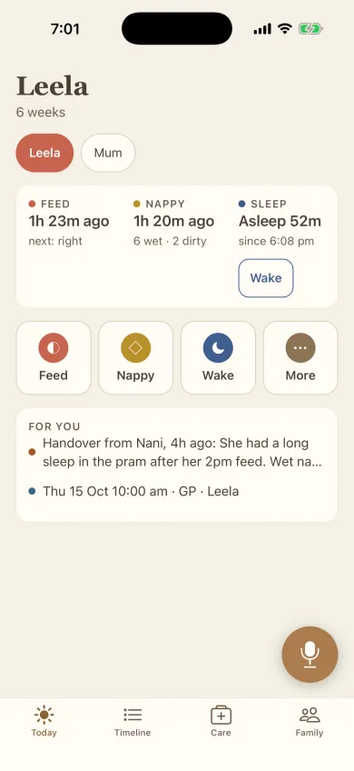 Little Hours' Today screen for Leela, 6 weeks old: when she last fed, her last nappy, how long she has slept, and buttons for feed, nappy and sleep.