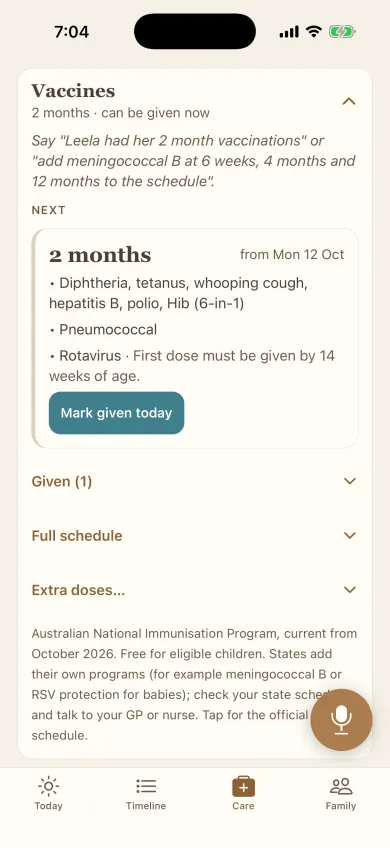 Leela's vaccinations: the 2 month doses, which can be given from 6 weeks, listed as next, with a Mark given today button.